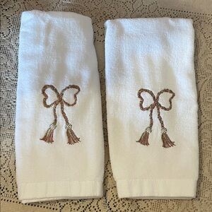 White Hand Towels with Embroidered Bow Tassel Design